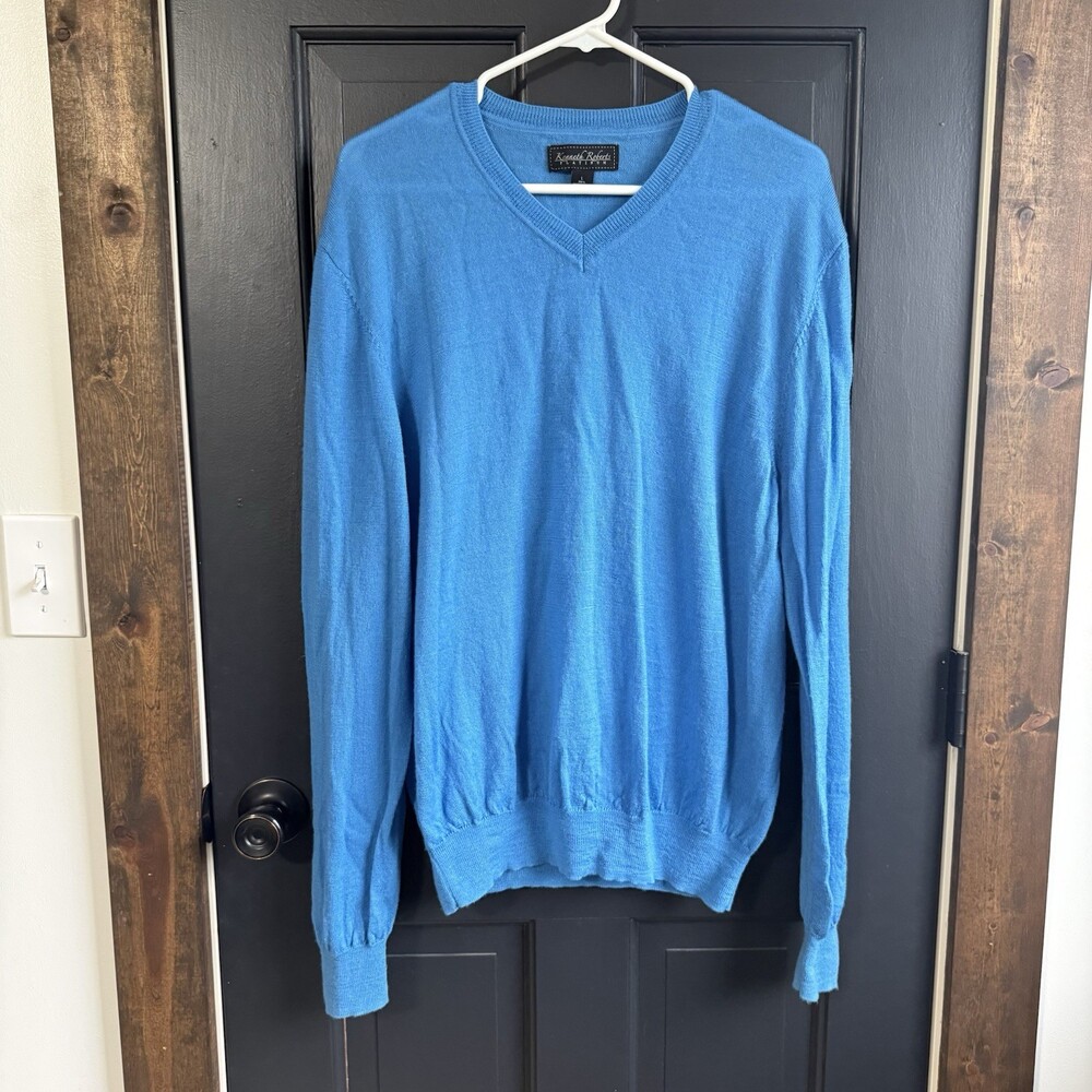 Kenneth Roberts Platinum Blue 100% Wool Sweater Men's Large Pullover V Neck